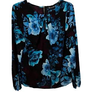 7TH AVENUE DESIGN STUDIO TUNIC BLOUSE, WOMENS, L, BLUE CRANBERRY BLACK FLORAL